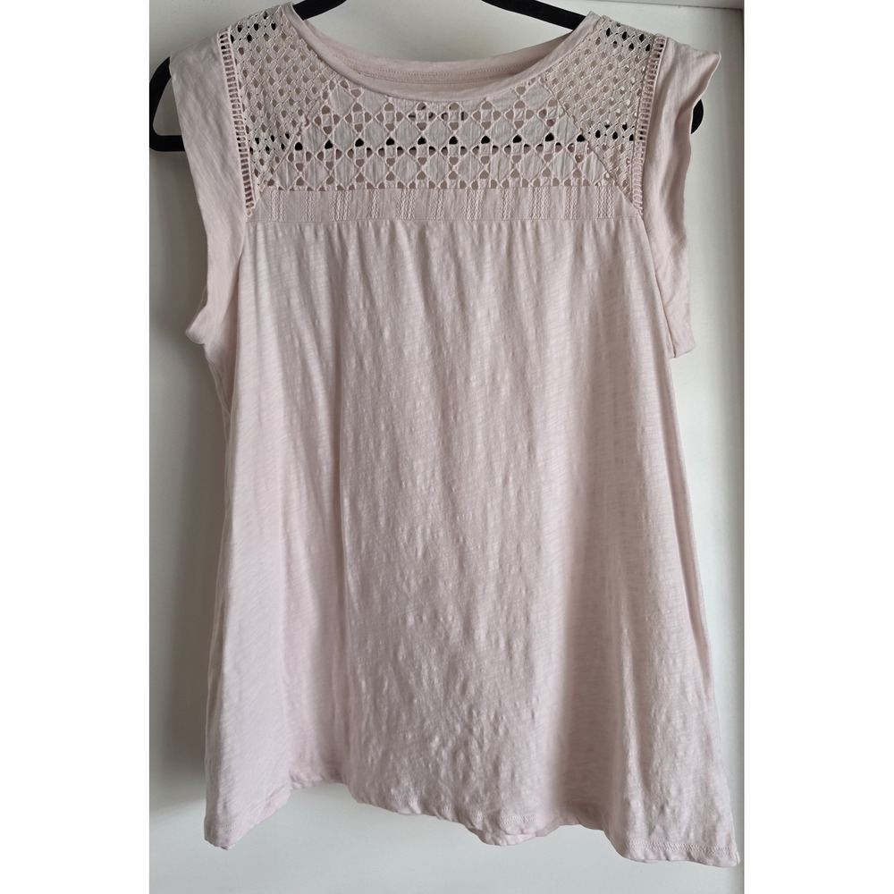 LOFT Sleeveless T-Shirt Women M Light Pink Solid Round Neck Cotton Lace Top